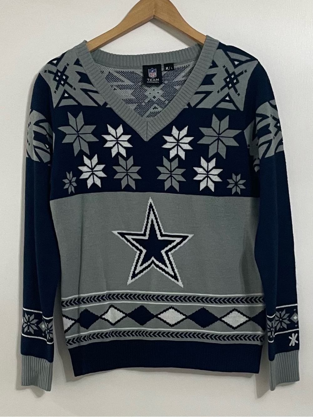 NFL Dallas Cowboys V-Neck Holiday Sweater in Gray & Navy